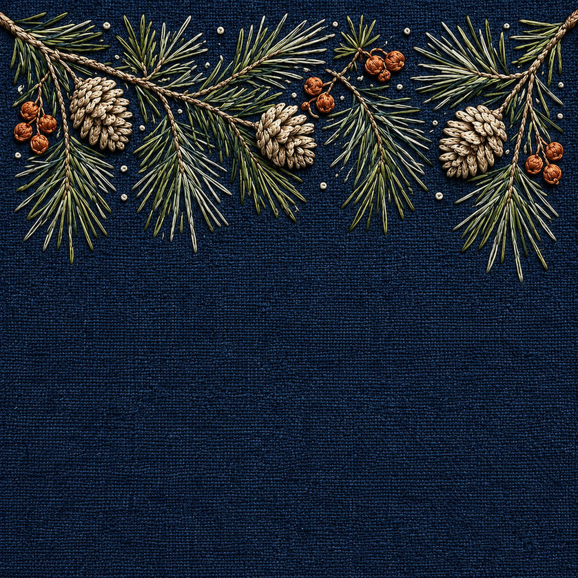 Close view of the pine border mockup featuring the Pine Needle Top Border hand embroidery design. Pine boughs, cones and rust berries gather along the top edge of the drawing.
