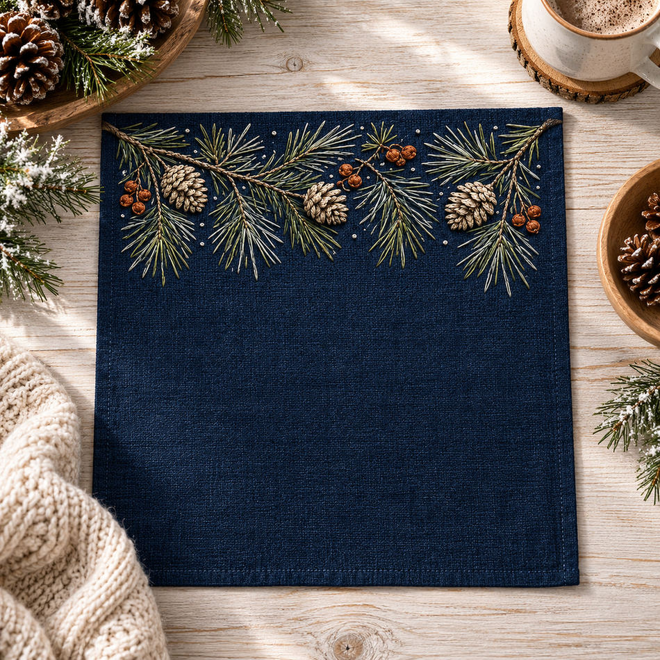 Navy textile flat lay mockup featuring the Pine Needle Top Border hand embroidery design. Pine boughs, cones and rust berries gather along the top edge of the drawing.