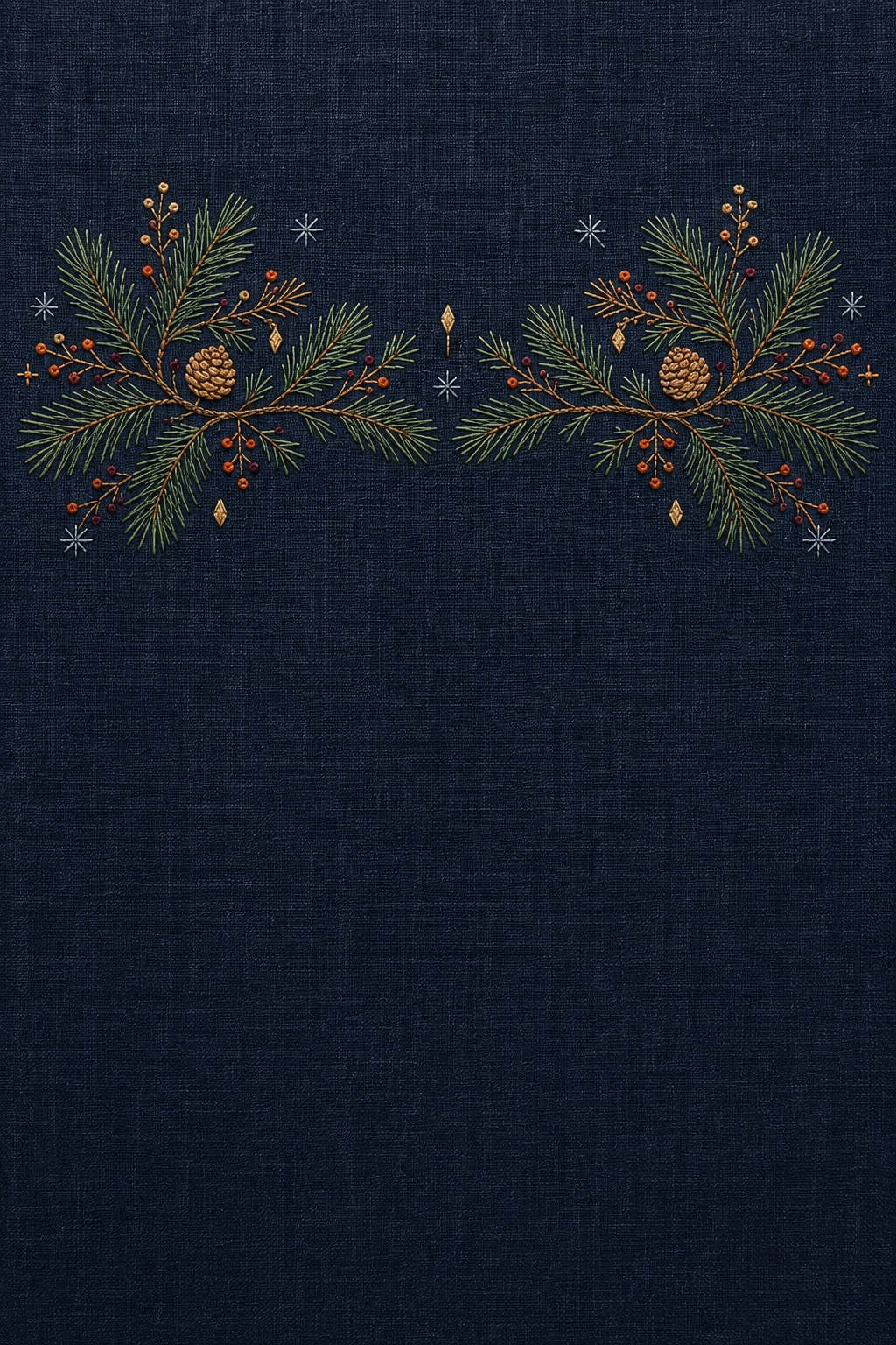 Illustrative embroidery design: Two related pine groups form a yoke placement on a navy reference ground.
