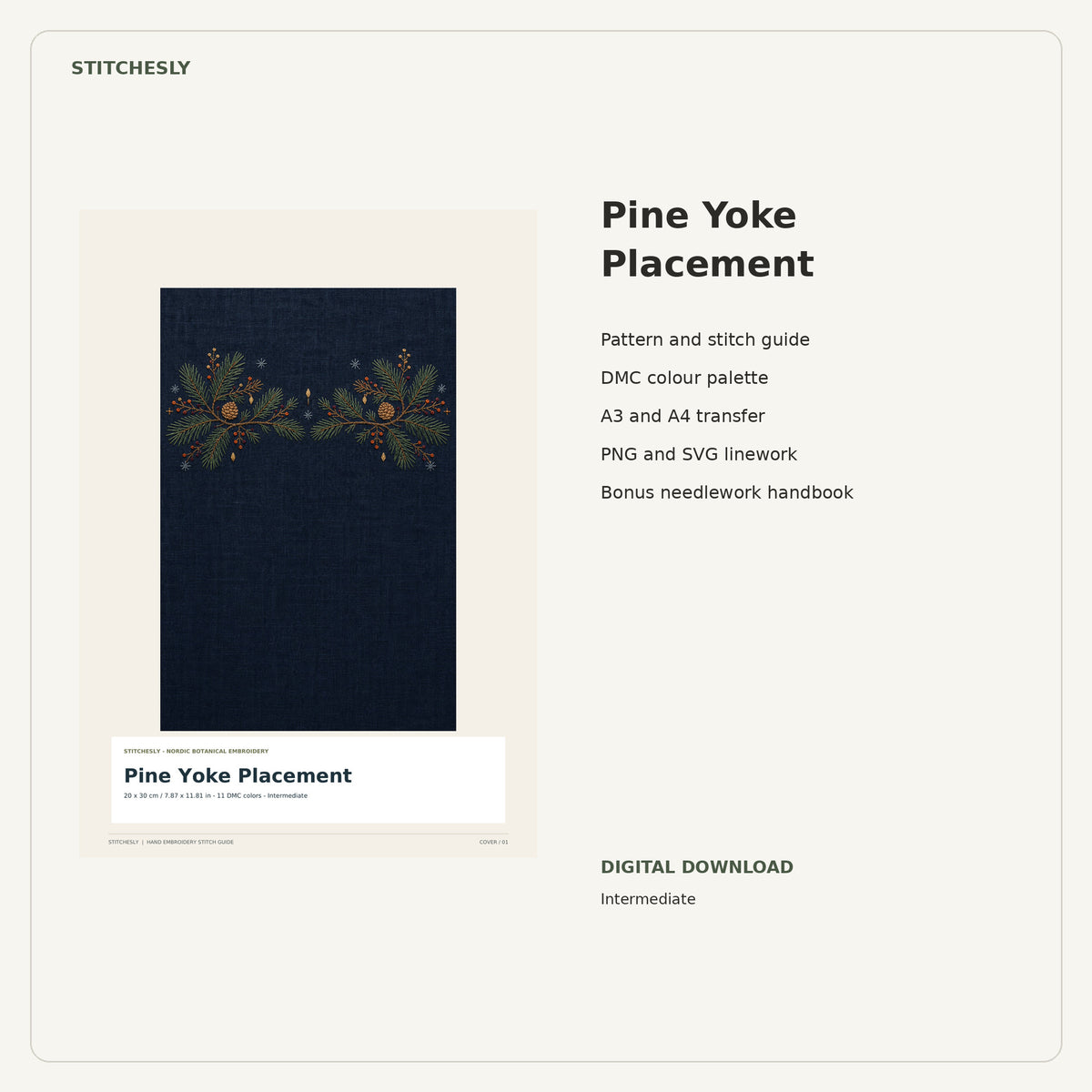 Pine Yoke Placement PDF stitch guide cover, pattern files and bonus needlework handbook.