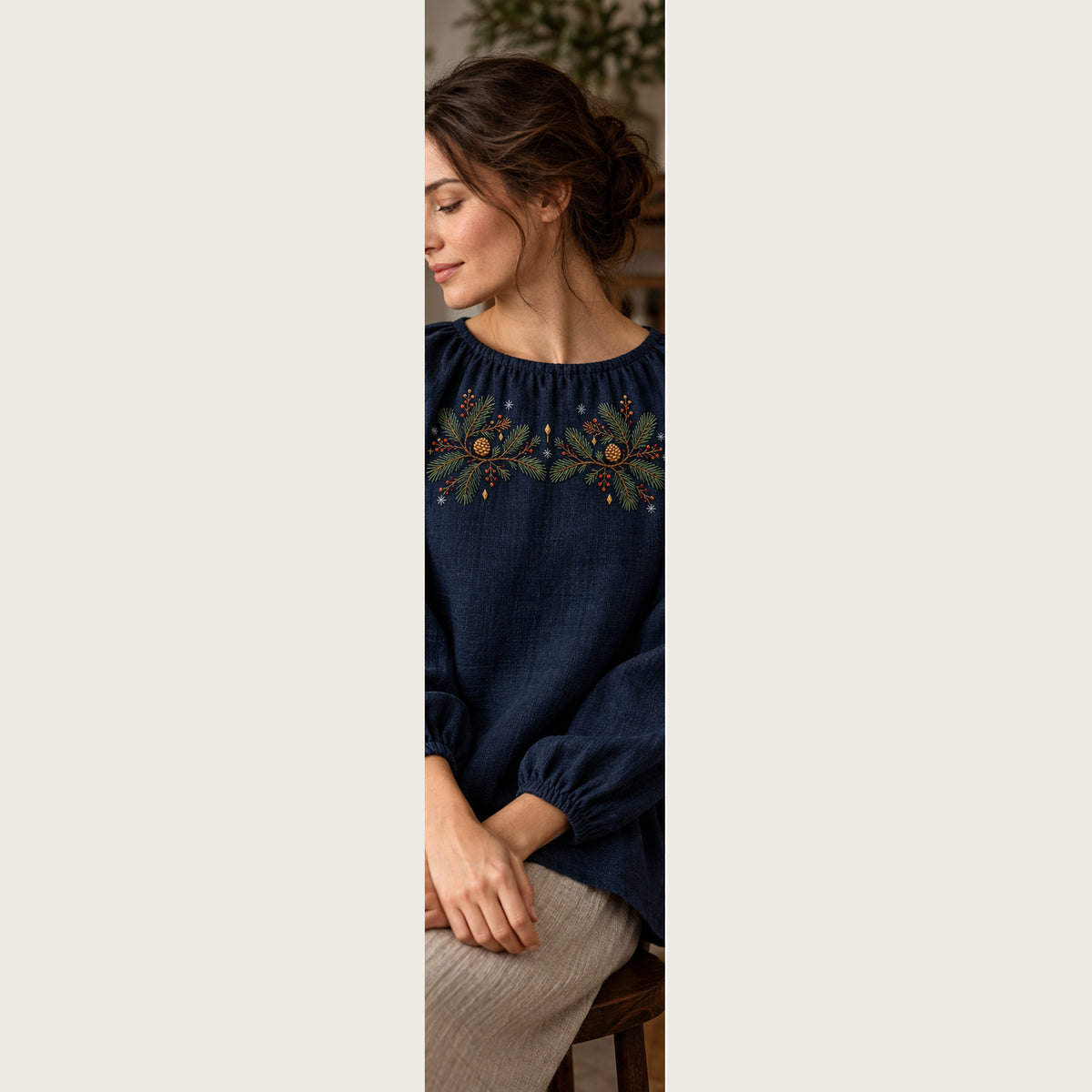 Navy shirt yoke mockup featuring the Pine Yoke Placement hand embroidery design. Two related pine groups form a yoke placement on a navy reference ground.