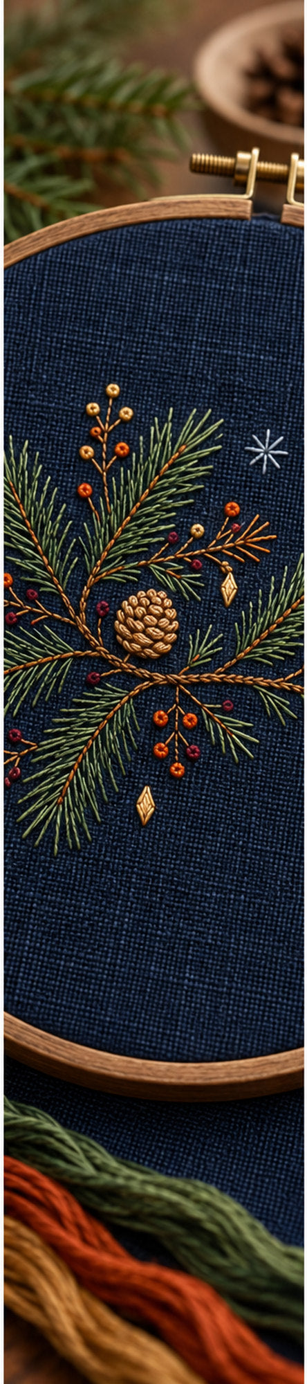 Navy embroidery close view mockup featuring the Pine Yoke Placement hand embroidery design. Two related pine groups form a yoke placement on a navy reference ground.