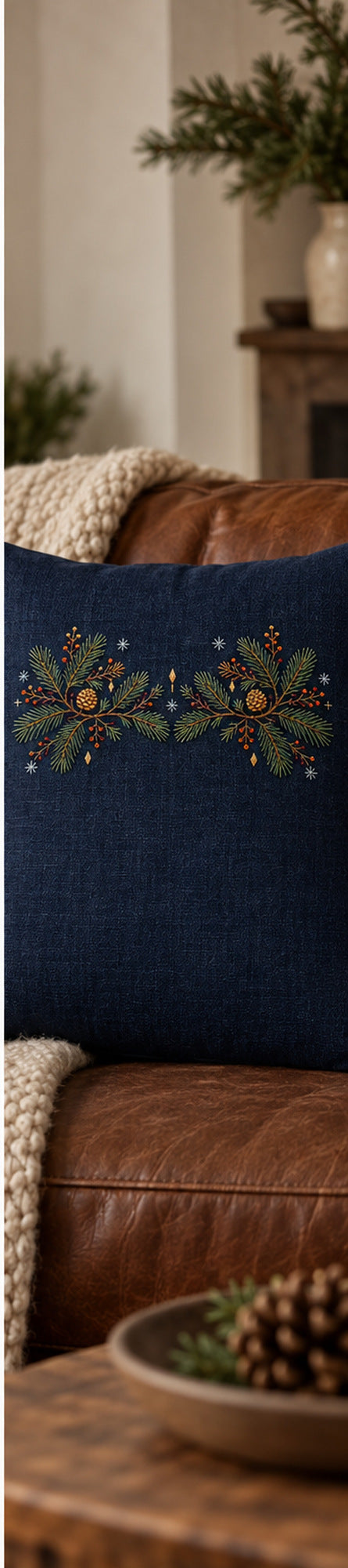 Navy textile laid flat mockup featuring the Pine Yoke Placement hand embroidery design. Two related pine groups form a yoke placement on a navy reference ground.