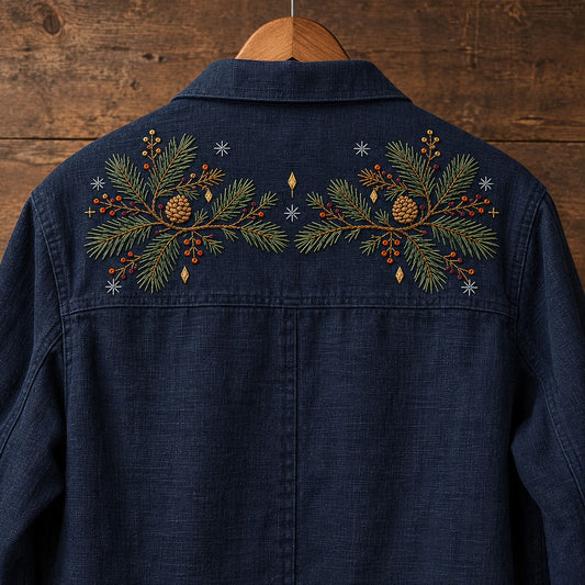 Navy shirt yoke mockup featuring the Pine Yoke Placement hand embroidery design. Two related pine groups form a yoke placement on a navy reference ground.