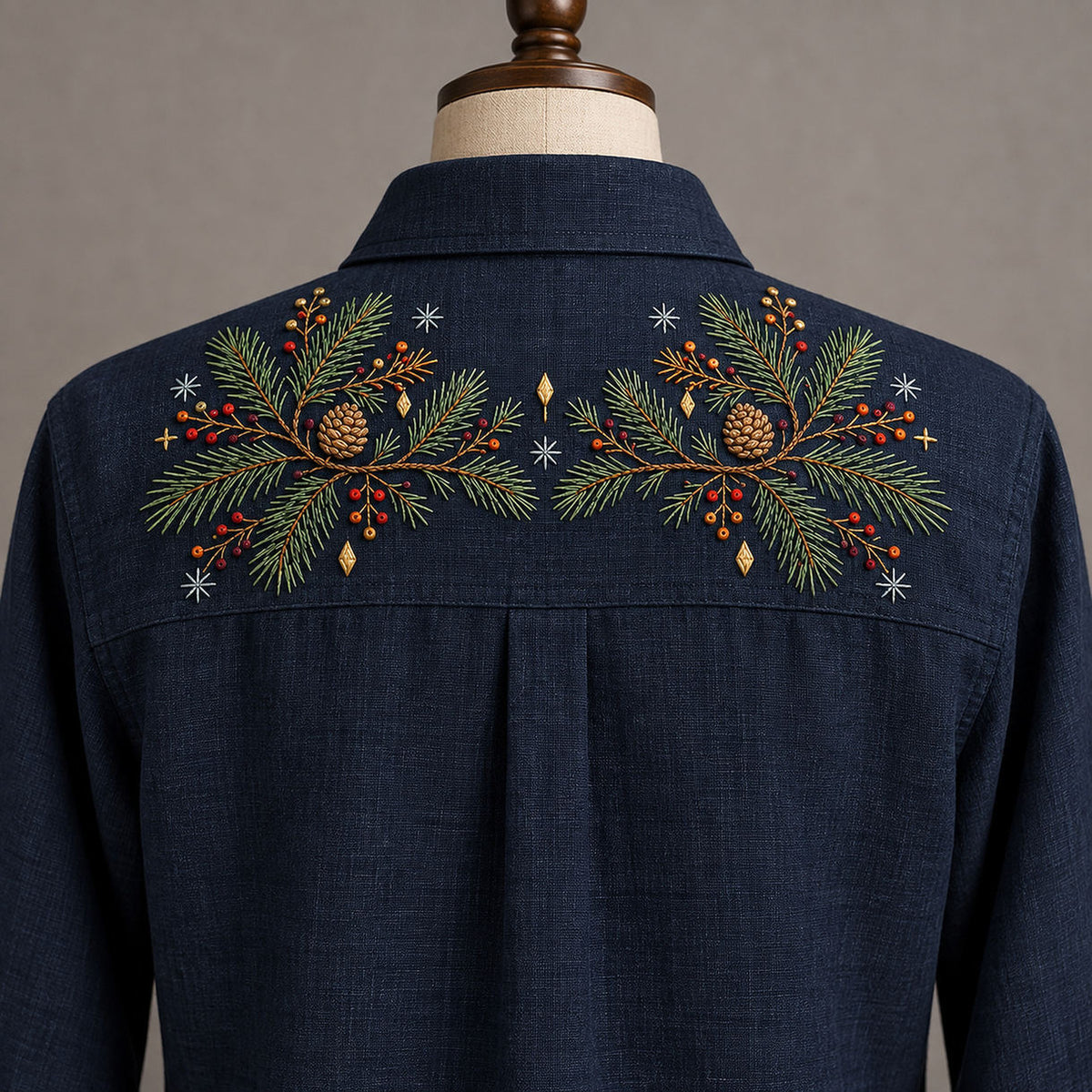 Navy shirt yoke close view mockup featuring the Pine Yoke Placement hand embroidery design. Two related pine groups form a yoke placement on a navy reference ground.