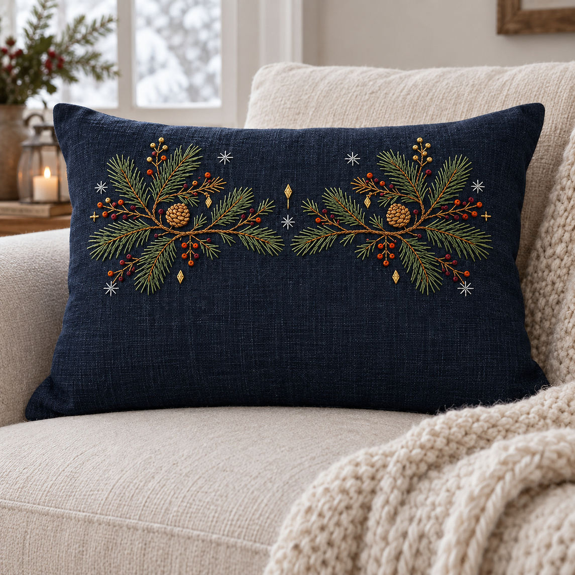 Navy linen cushion mockup featuring the Pine Yoke Placement hand embroidery design. Two related pine groups form a yoke placement on a navy reference ground.