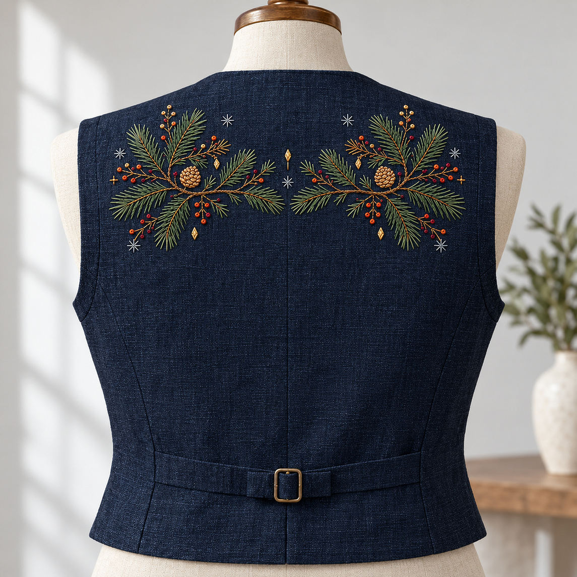 Navy shirt on a mannequin mockup featuring the Pine Yoke Placement hand embroidery design. Two related pine groups form a yoke placement on a navy reference ground.