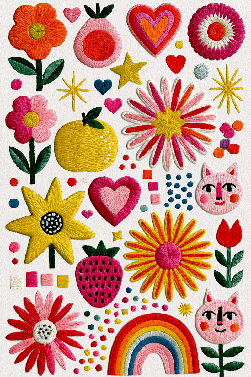 Playful Small Goods Patch Plate from Color Pop Patches & Playful Motifs Book 1, a digital embroidery design reference for machine embroidery designs, embroidery patterns and small motif and accent designs.
