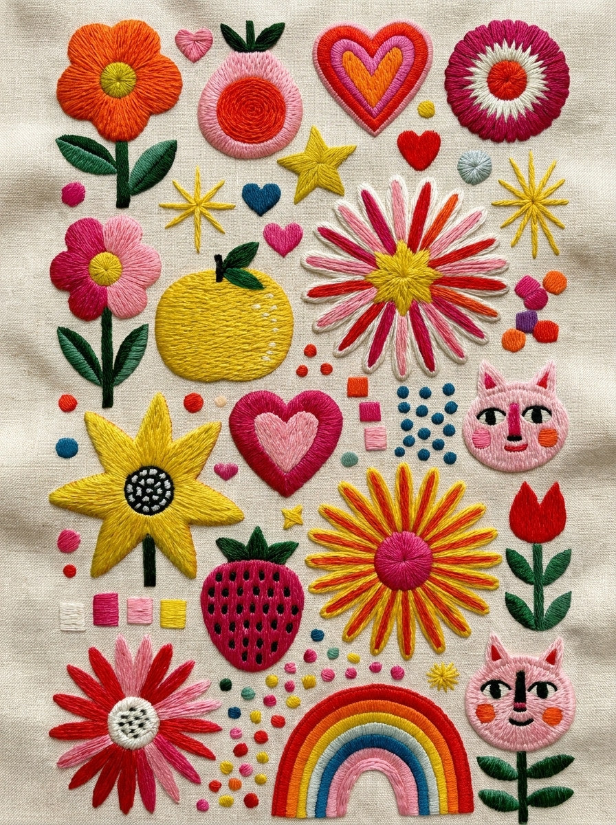 Playful Small Goods Patch Plate from Color Pop Patches & Playful Motifs Book 1, a digital embroidery design reference for machine embroidery designs, embroidery patterns and small motif and accent designs.