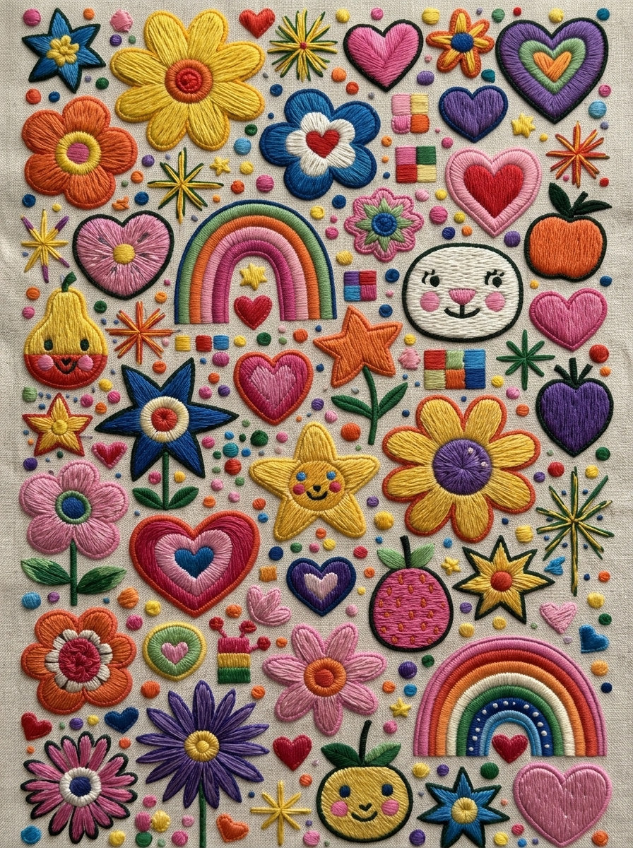 Playful Small Goods Patch Plate from Color Pop Patches & Playful Motifs Book 2, a digital embroidery design reference for machine embroidery designs, embroidery patterns and small motif and accent designs.