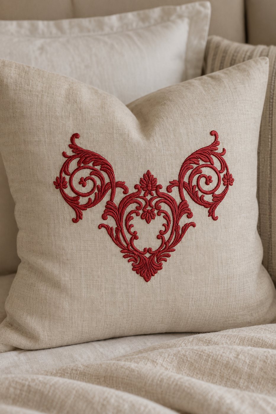 Deep red ornamental crest machine embroidery used as a single placement on an ivory bed sham