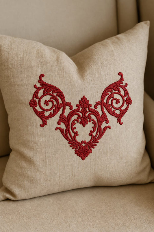Deep pomegranate ornamental scroll crest machine embroidery on a warm ivory linen cushion