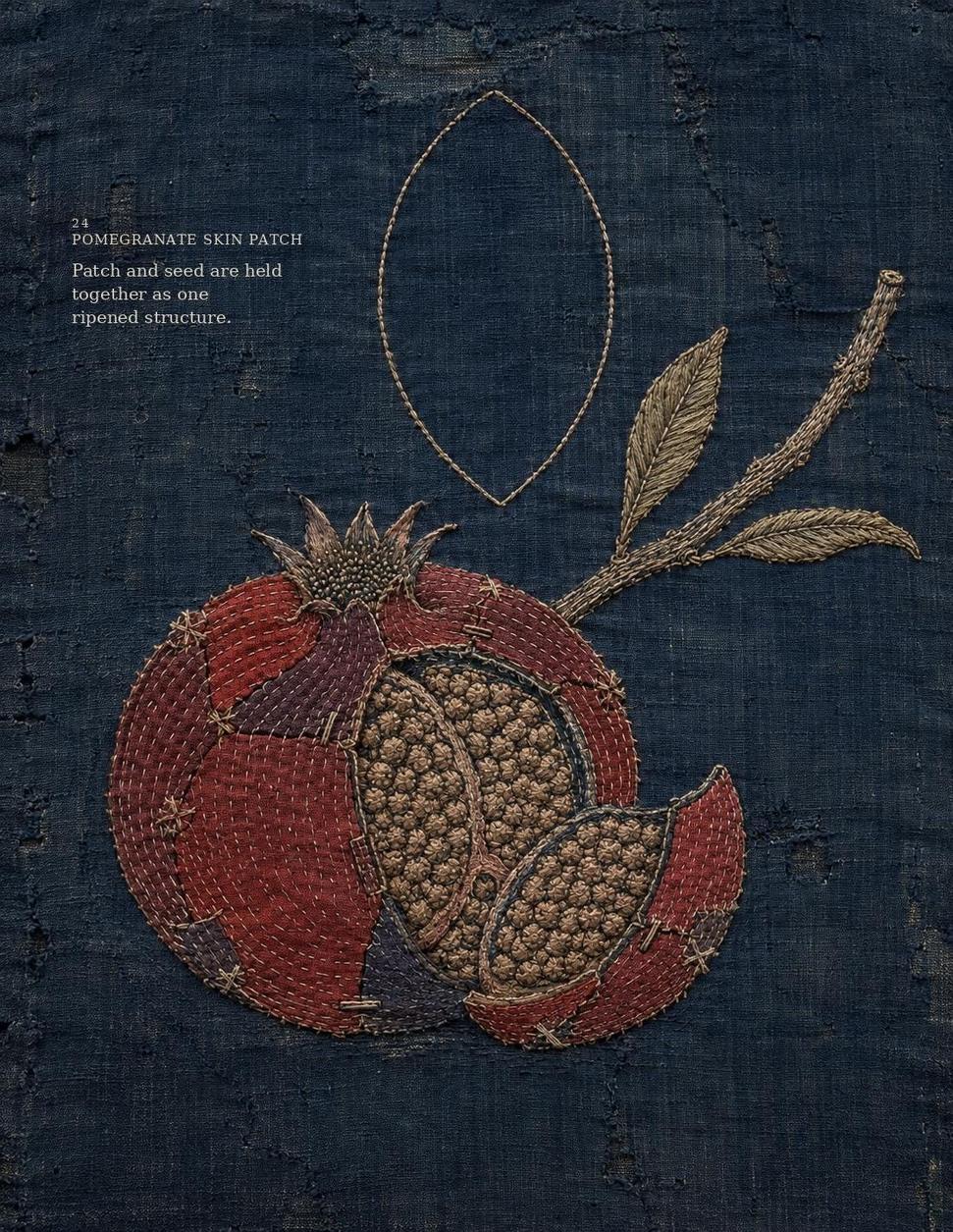 Pomegranate Skin Patch embroidered textile artwork on dark indigo cloth
