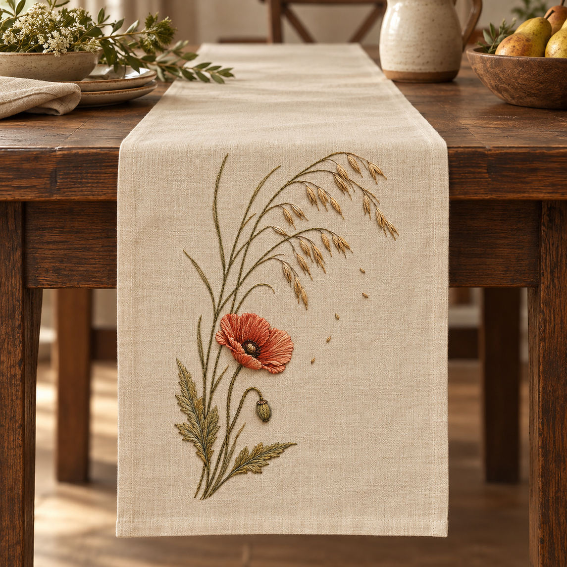 Linen table runner mockup featuring the Poppy and Oat Stem hand embroidery design. Poppy and Oat Stem pairs broad petals with the smaller repeated forms of oats.