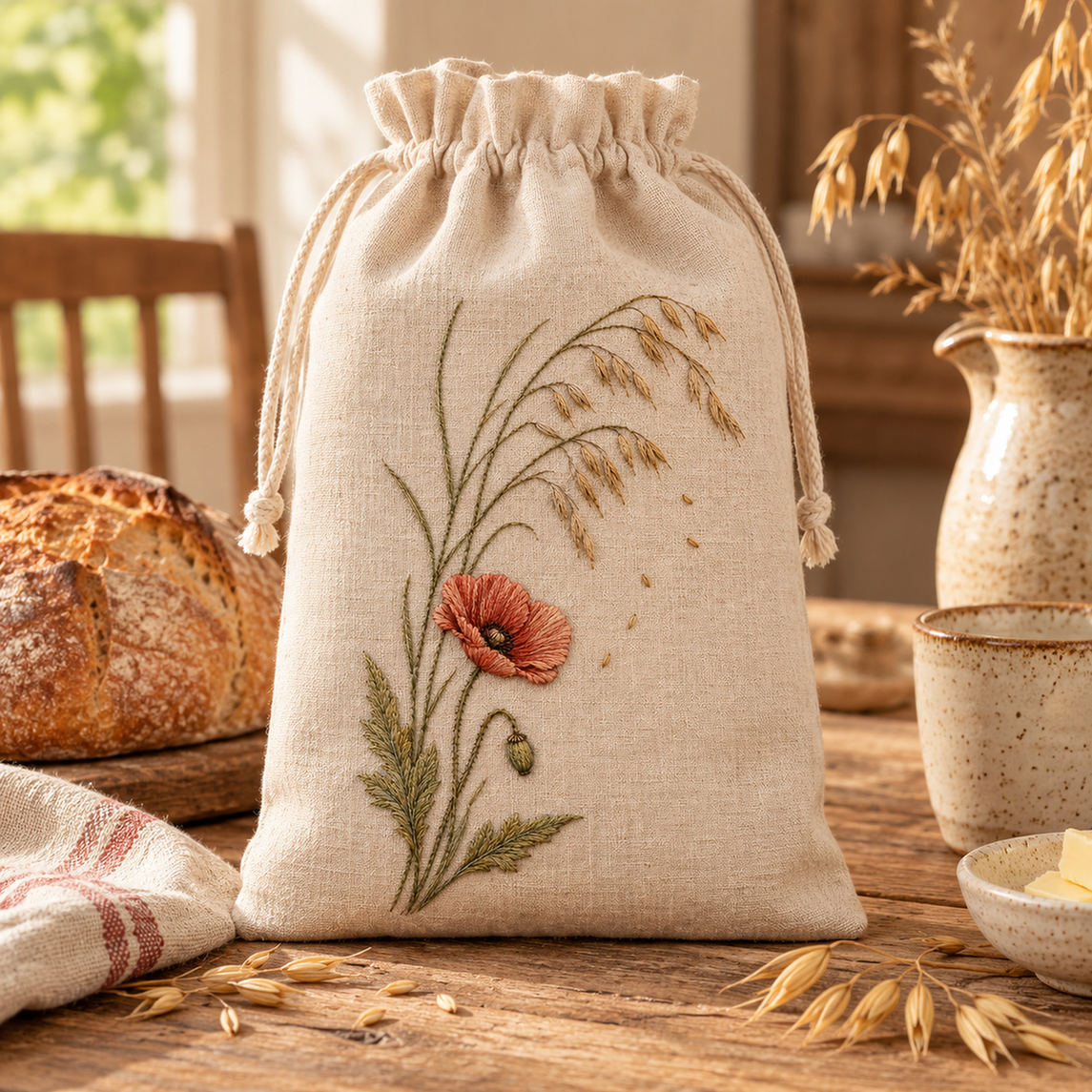 Linen drawstring bag mockup featuring the Poppy and Oat Stem hand embroidery design. Poppy and Oat Stem pairs broad petals with the smaller repeated forms of oats.
