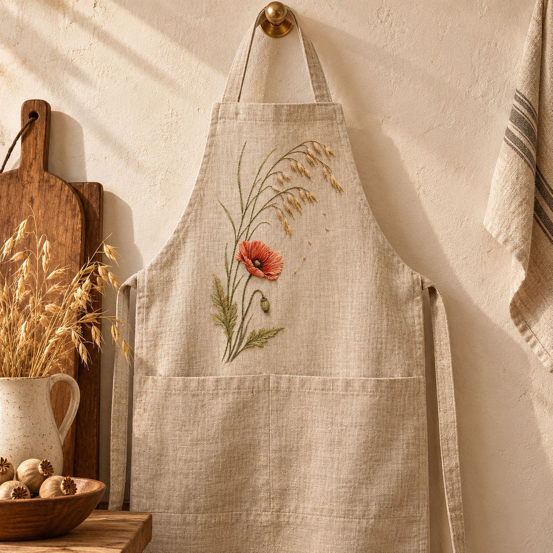 Linen apron mockup featuring the Poppy and Oat Stem hand embroidery design. Poppy and Oat Stem pairs broad petals with the smaller repeated forms of oats.