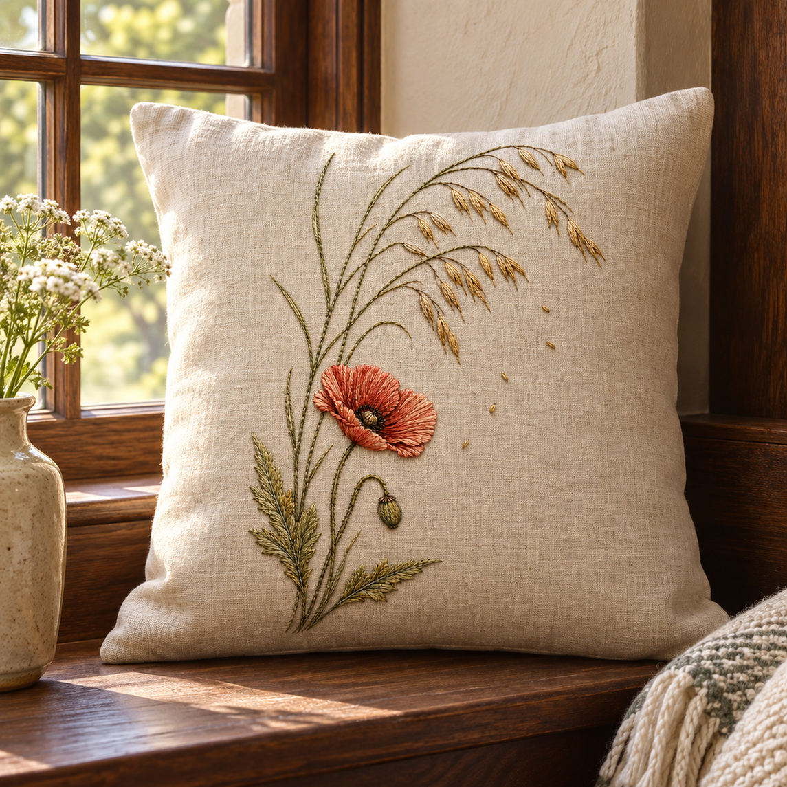 Linen cushion mockup featuring the Poppy and Oat Stem hand embroidery design. Poppy and Oat Stem pairs broad petals with the smaller repeated forms of oats.