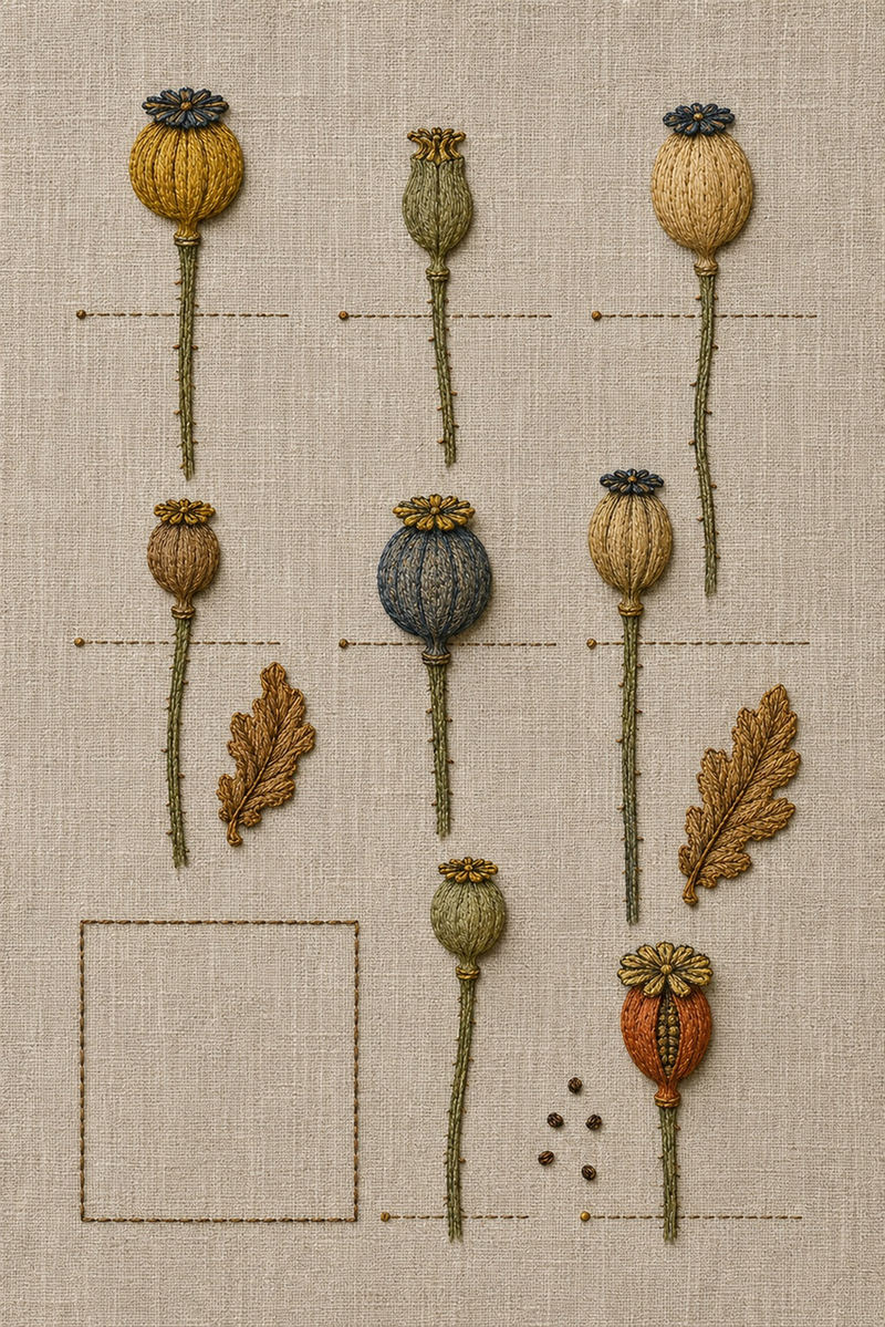Illustrative embroidery design: Poppy seed capsules are arranged as separate specimens with leaf details between them.