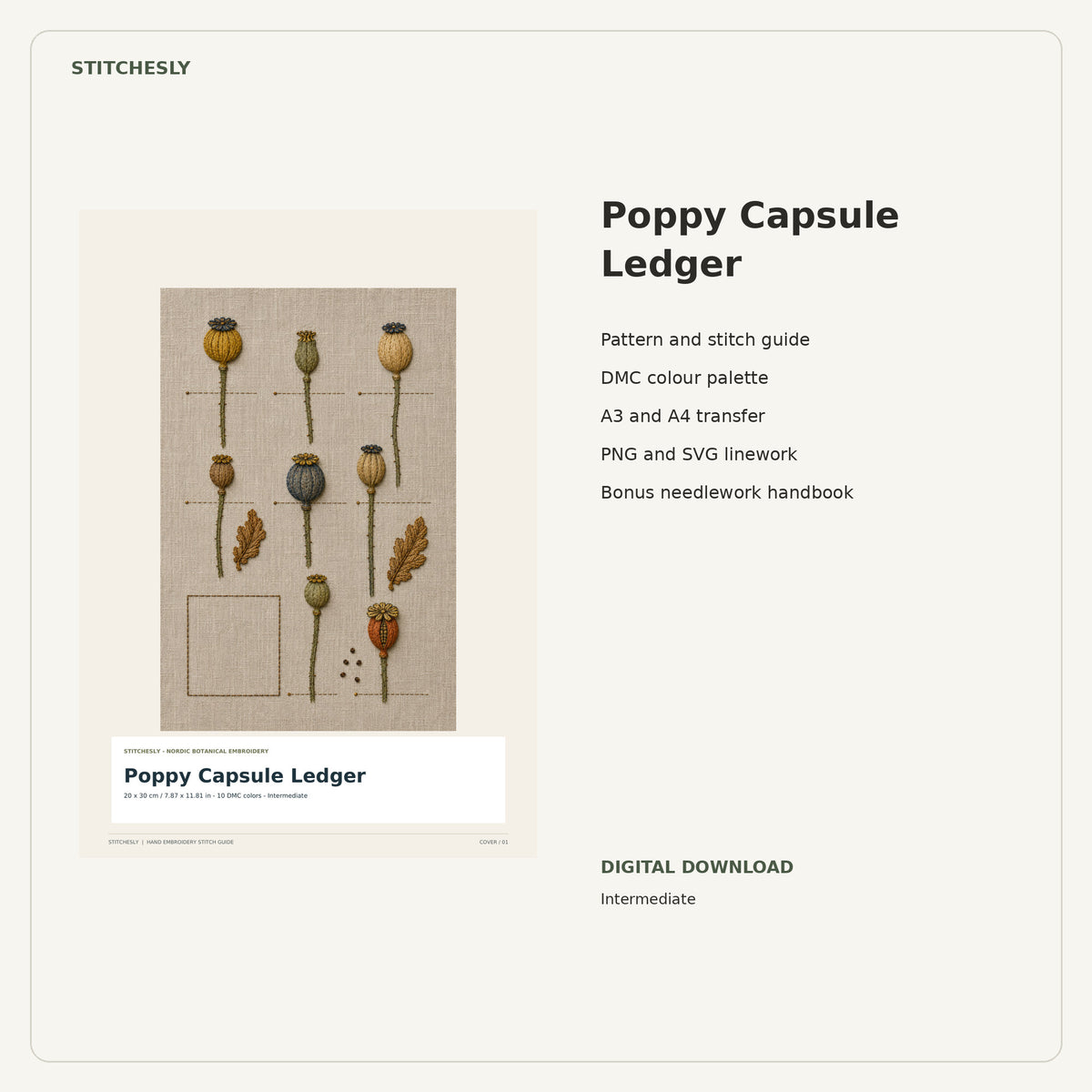 Poppy Capsule Ledger PDF stitch guide cover, pattern files and bonus needlework handbook.