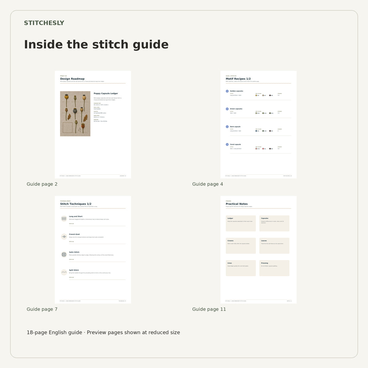 Four reduced-size preview pages from the 18-page Poppy Capsule Ledger stitch guide.