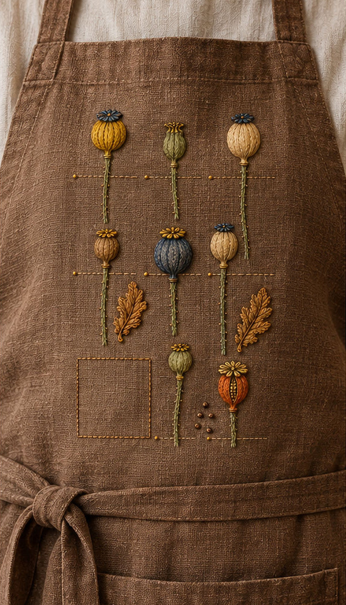 Brown linen garment mockup featuring the Poppy Capsule Ledger hand embroidery design. Poppy seed capsules are arranged as separate specimens with leaf details between them.