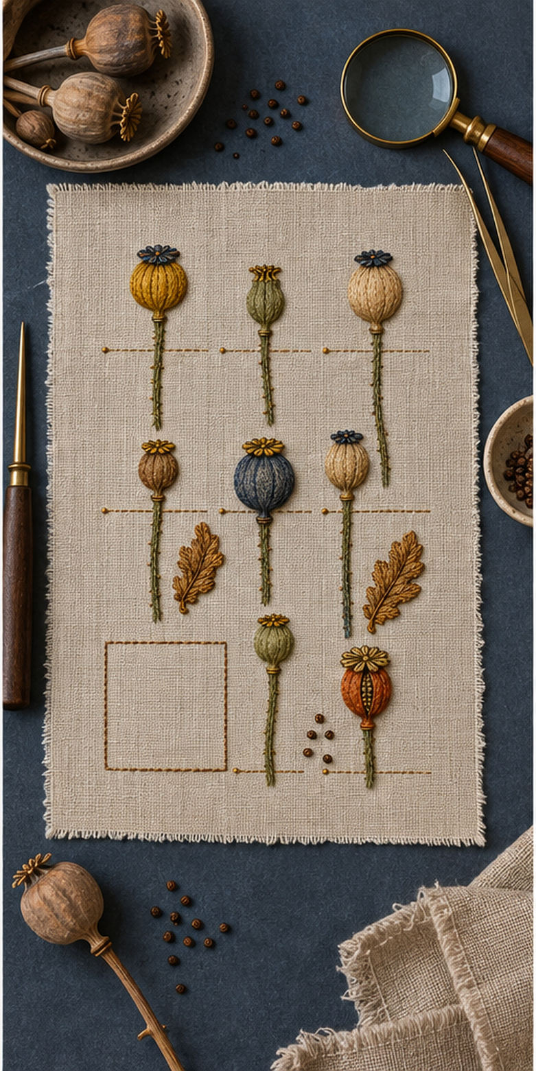 Botanical textile flat lay mockup featuring the Poppy Capsule Ledger hand embroidery design. Poppy seed capsules are arranged as separate specimens with leaf details between them.