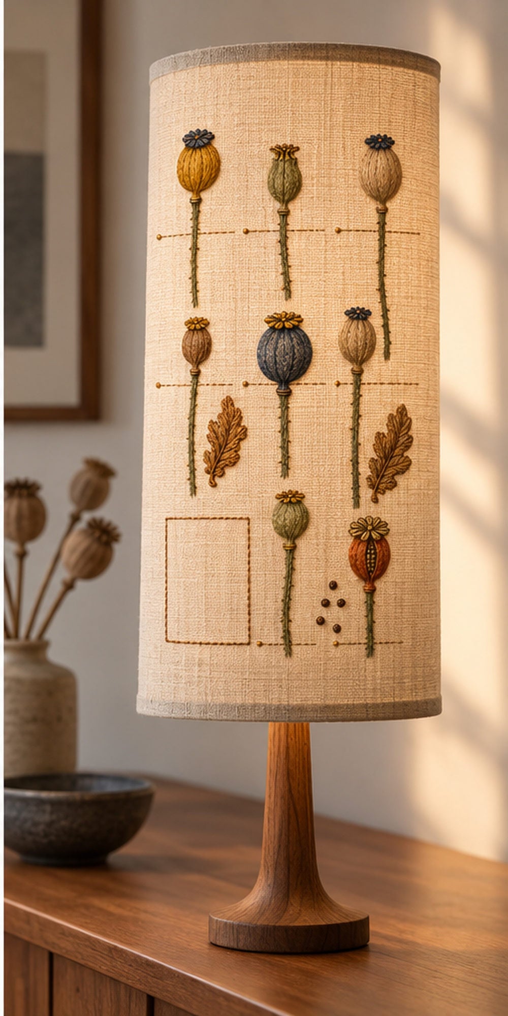 Framed linen panel mockup featuring the Poppy Capsule Ledger hand embroidery design. Poppy seed capsules are arranged as separate specimens with leaf details between them.