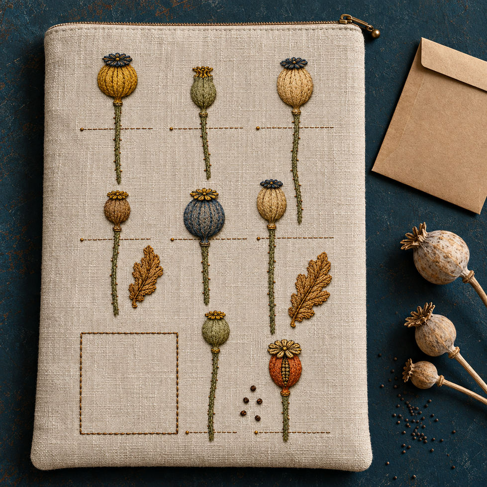Linen notebook cover mockup featuring the Poppy Capsule Ledger hand embroidery design. Poppy seed capsules are arranged as separate specimens with leaf details between them.