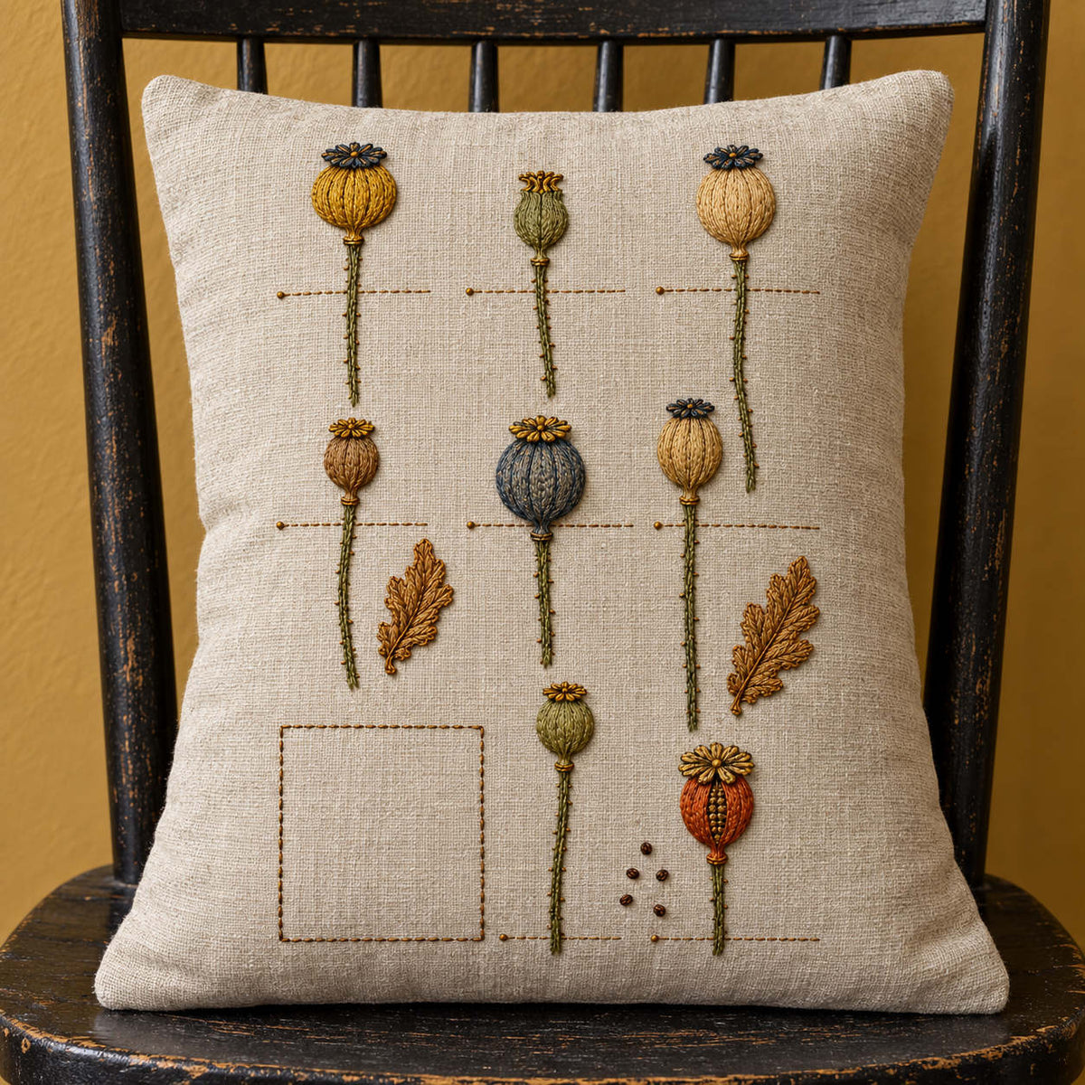 Linen cushion mockup featuring the Poppy Capsule Ledger hand embroidery design. Poppy seed capsules are arranged as separate specimens with leaf details between them.