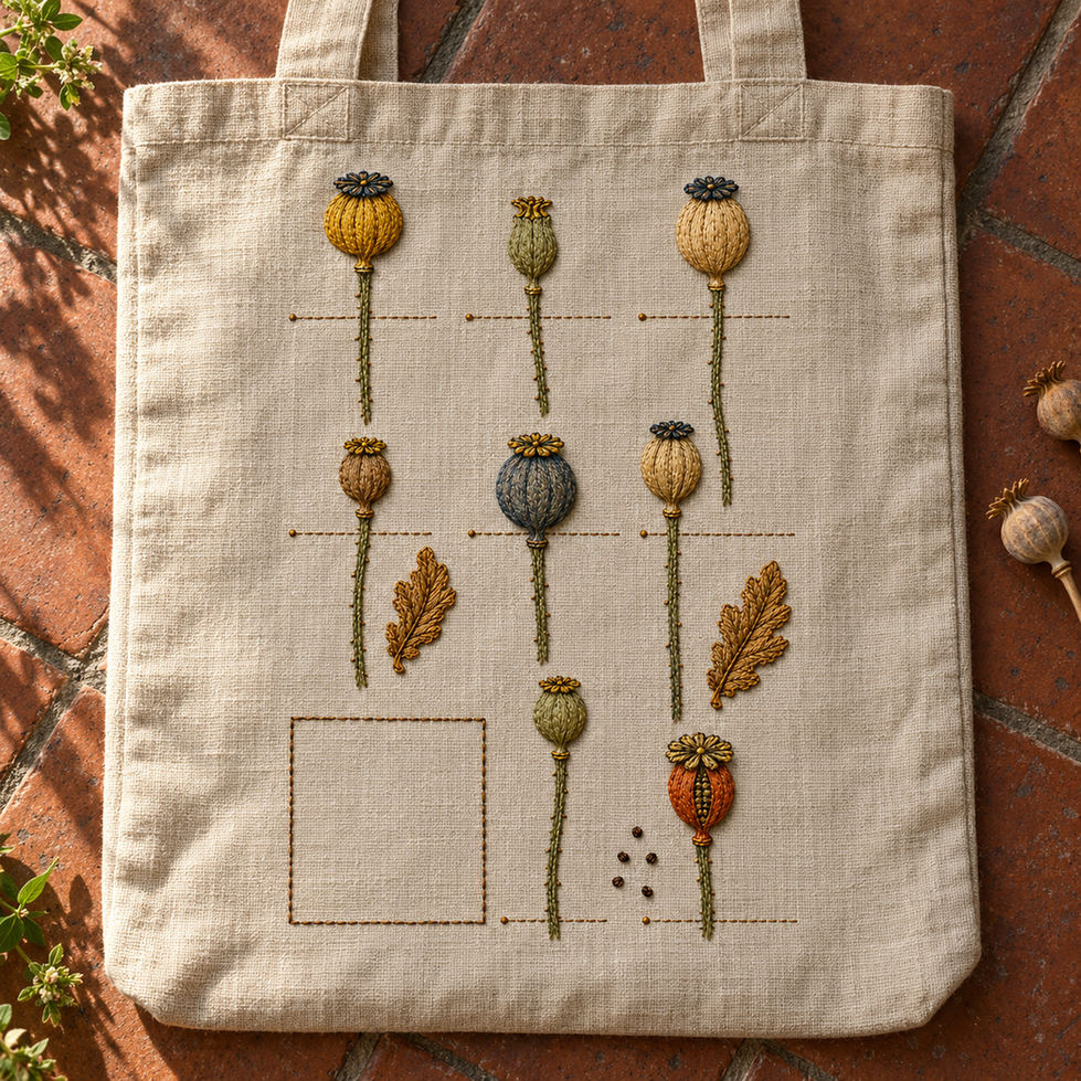 Linen textile laid flat mockup featuring the Poppy Capsule Ledger hand embroidery design. Poppy seed capsules are arranged as separate specimens with leaf details between them.