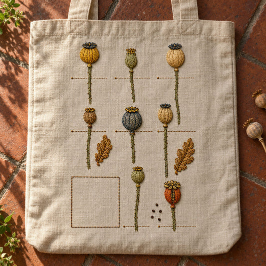 Linen textile laid flat mockup featuring the Poppy Capsule Ledger hand embroidery design. Poppy seed capsules are arranged as separate specimens with leaf details between them.