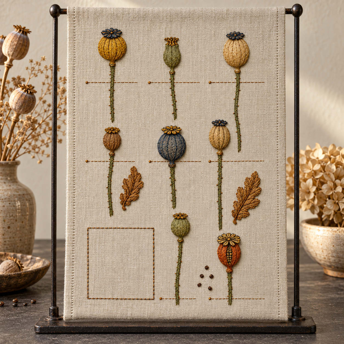Framed botanical textile mockup featuring the Poppy Capsule Ledger hand embroidery design. Poppy seed capsules are arranged as separate specimens with leaf details between them.