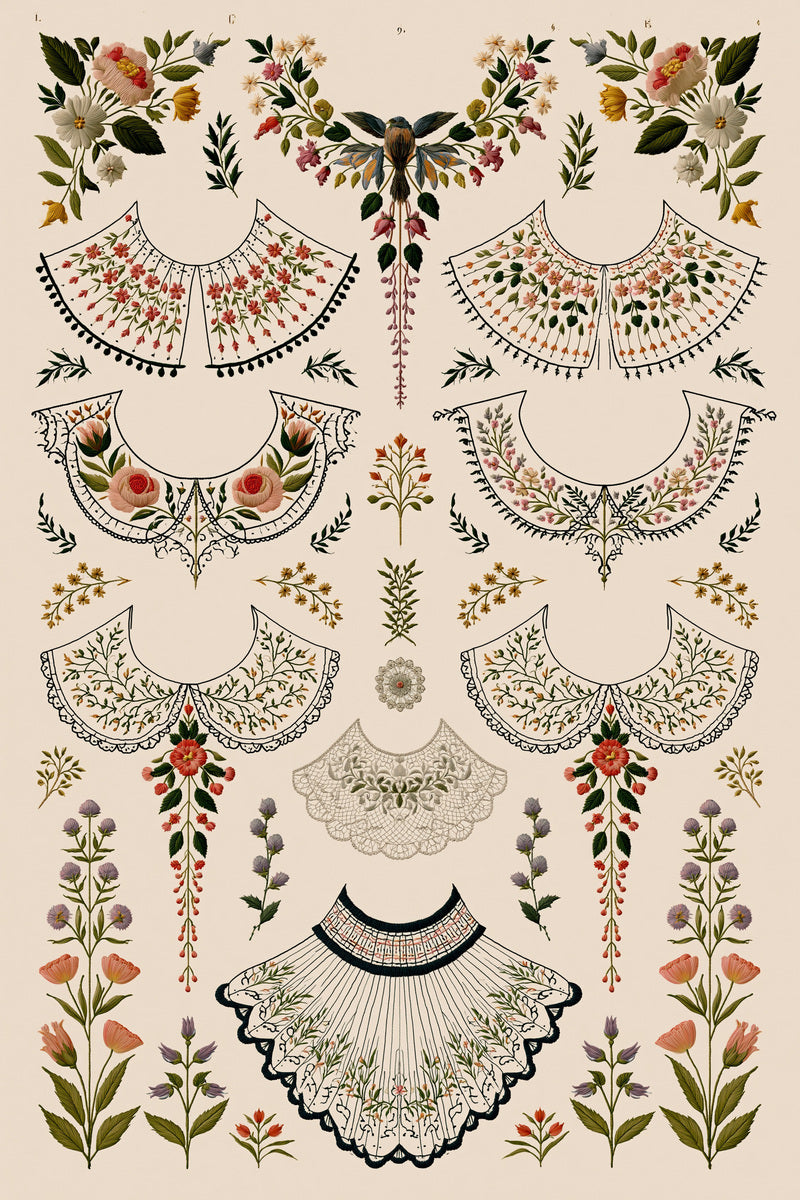 Premium Archival Embroidery Pattern Plate from Necklines & Collars Embroidery Book 4, a digital embroidery design reference for machine embroidery designs, embroidery patterns and garment placement ideas.