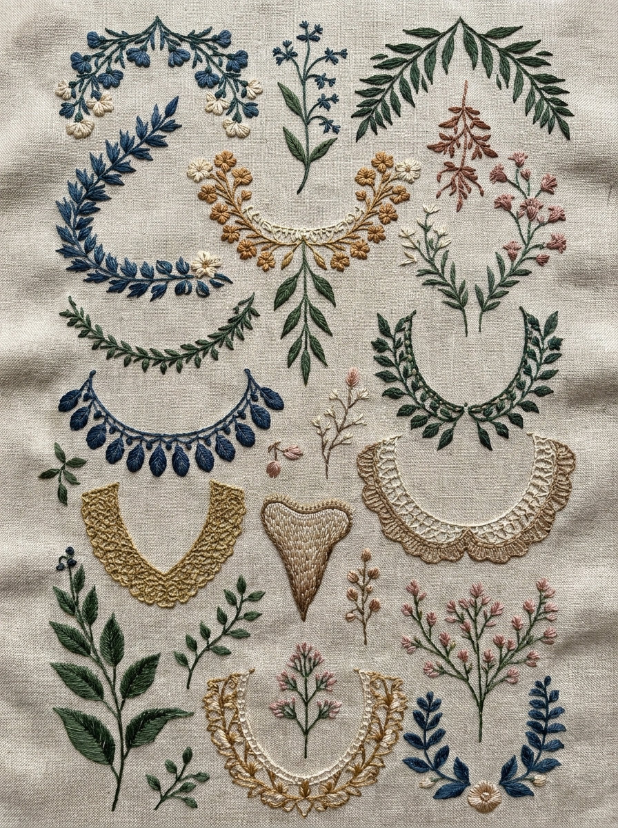 Premium Archival Embroidery Pattern Plate from Necklines & Collars Embroidery Book 1, a digital embroidery design reference for machine embroidery designs, embroidery patterns and garment placement ideas.