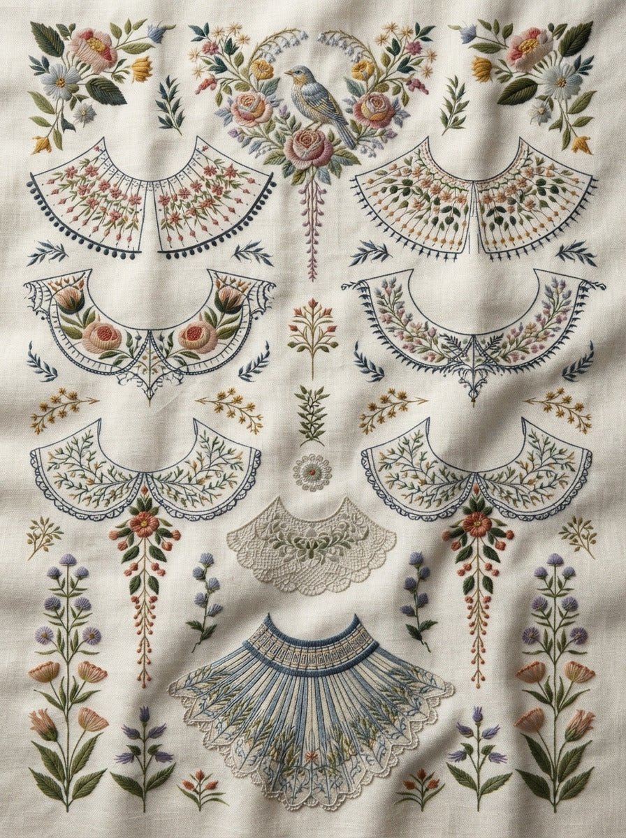 Premium Archival Embroidery Pattern Plate from Necklines & Collars Embroidery Book 4, a digital embroidery design reference for machine embroidery designs, embroidery patterns and garment placement ideas.