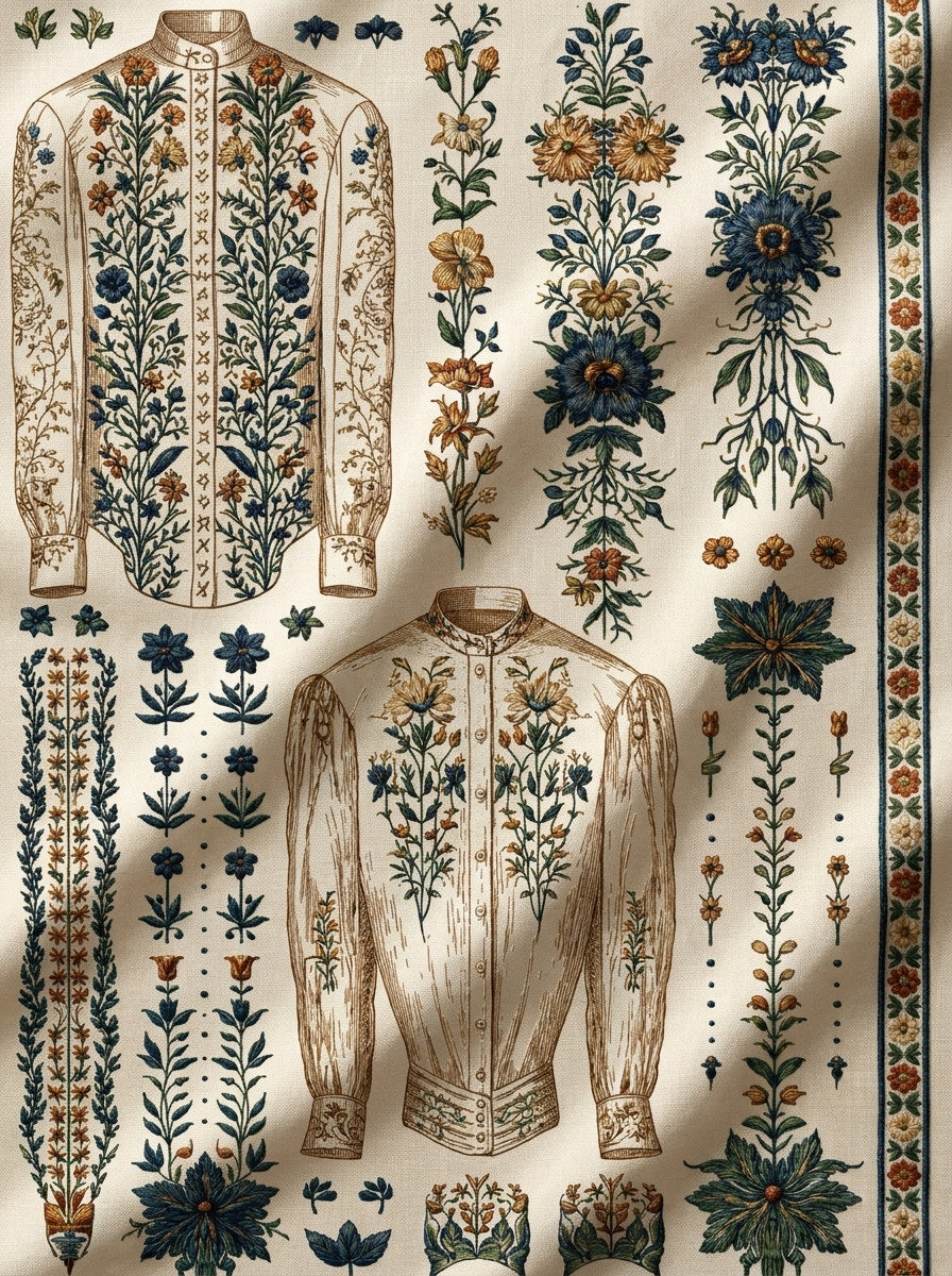 Premium Archival Fashion Embroidery Pattern 2 from Jacket Backs & Shirt Fronts Embroidery Book 2, a digital embroidery design reference for machine embroidery designs, embroidery patterns and garment placement ideas.