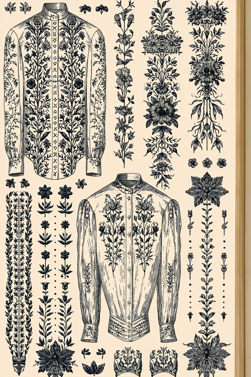 Premium Archival Fashion Embroidery Pattern from Jacket Backs & Shirt Fronts Embroidery Book 2, a digital embroidery design reference for machine embroidery designs, embroidery patterns and garment placement ideas.