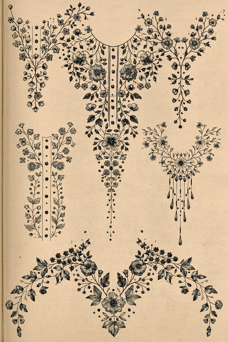 Premium Archival Neckline Embroidery Pattern from Necklines & Collars Embroidery Book 1, a digital embroidery design reference for machine embroidery designs, embroidery patterns and garment placement ideas.