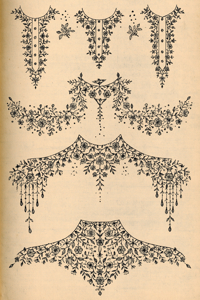Premium Archival Neckline Embroidery Pattern from Necklines & Collars Embroidery Book 3, a digital embroidery design reference for machine embroidery designs, embroidery patterns and garment placement ideas.