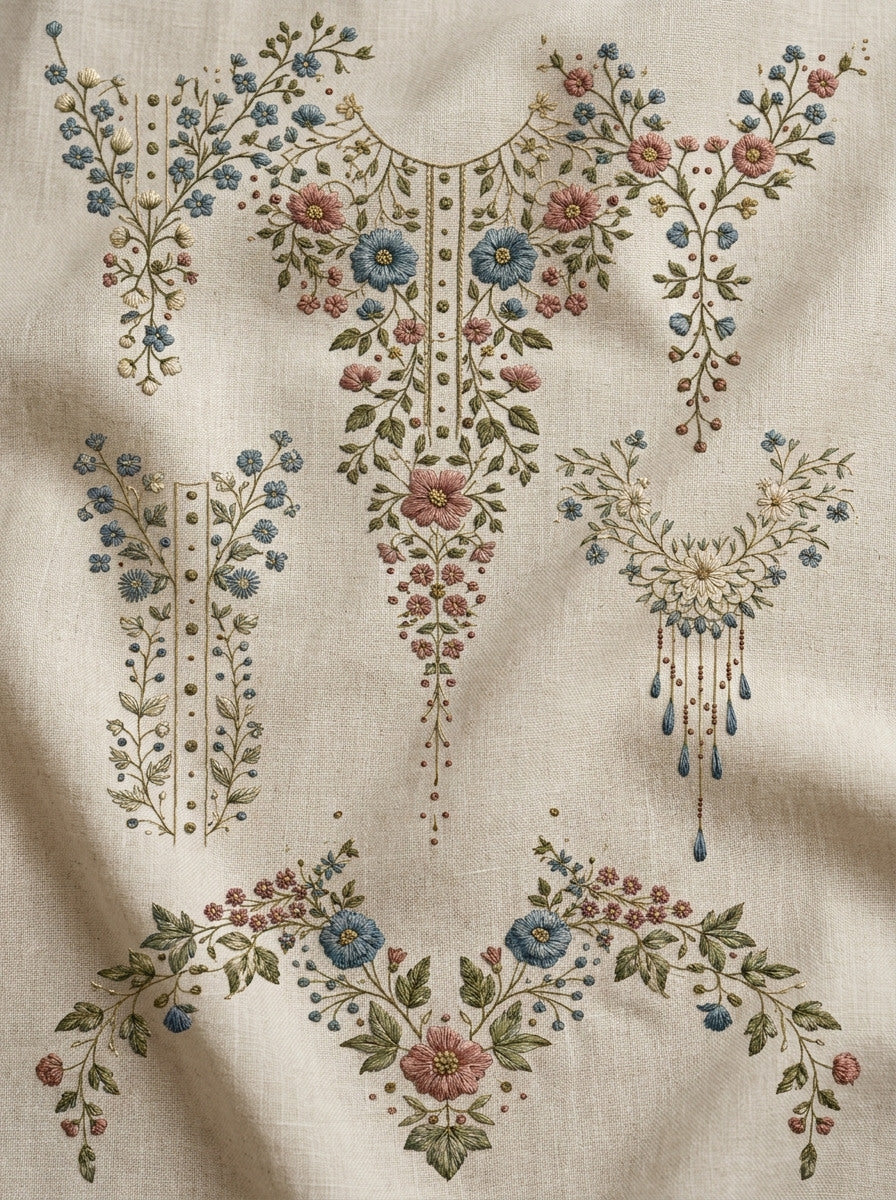 Premium Archival Neckline Embroidery Pattern from Necklines & Collars Embroidery Book 1, a digital embroidery design reference for machine embroidery designs, embroidery patterns and garment placement ideas.