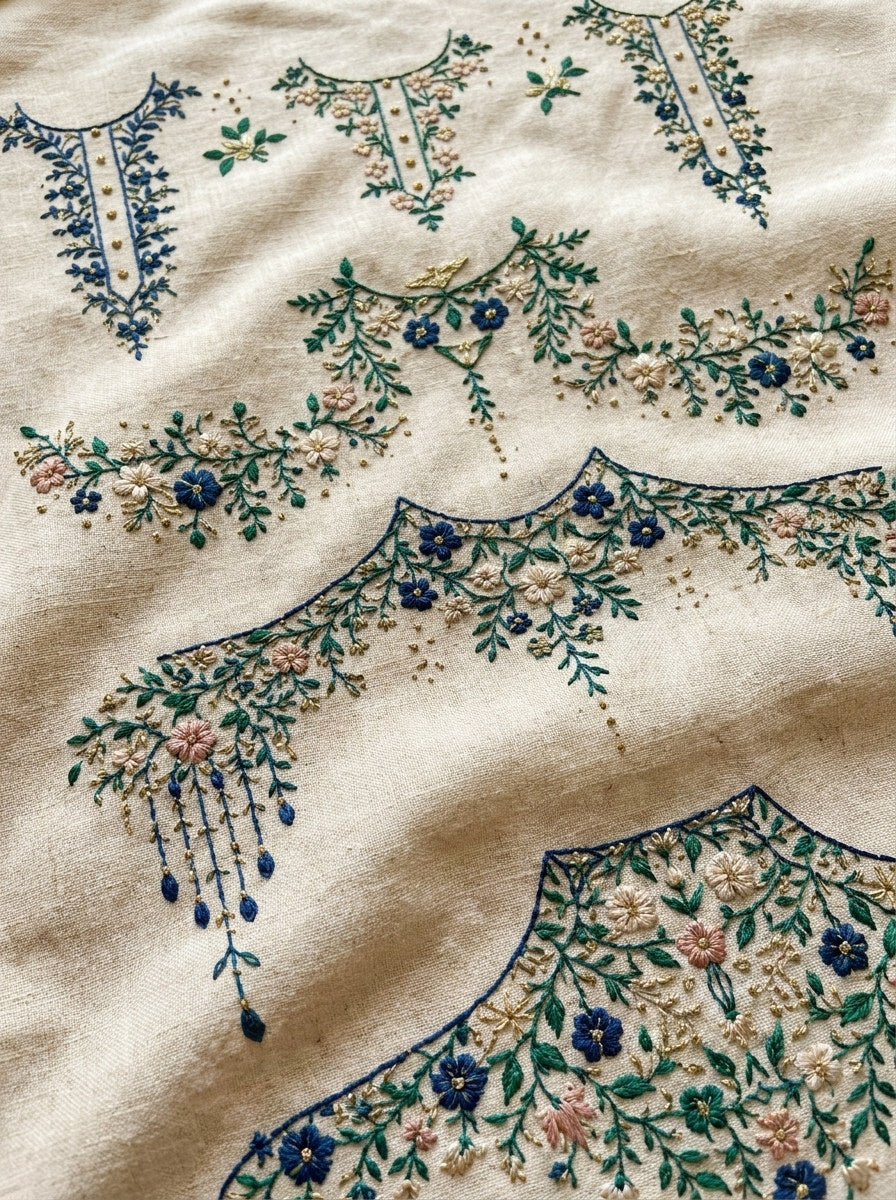 Premium Archival Neckline Embroidery Pattern from Necklines & Collars Embroidery Book 3, a digital embroidery design reference for machine embroidery designs, embroidery patterns and garment placement ideas.