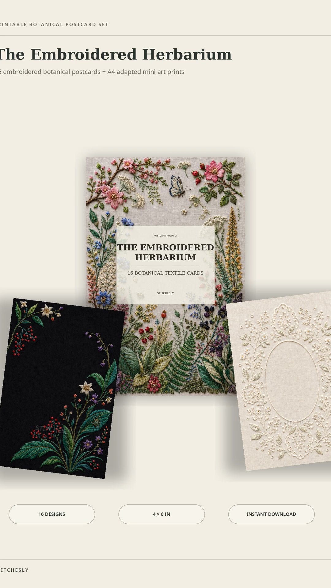 The Embroidered Herbarium printable postcard collection preview