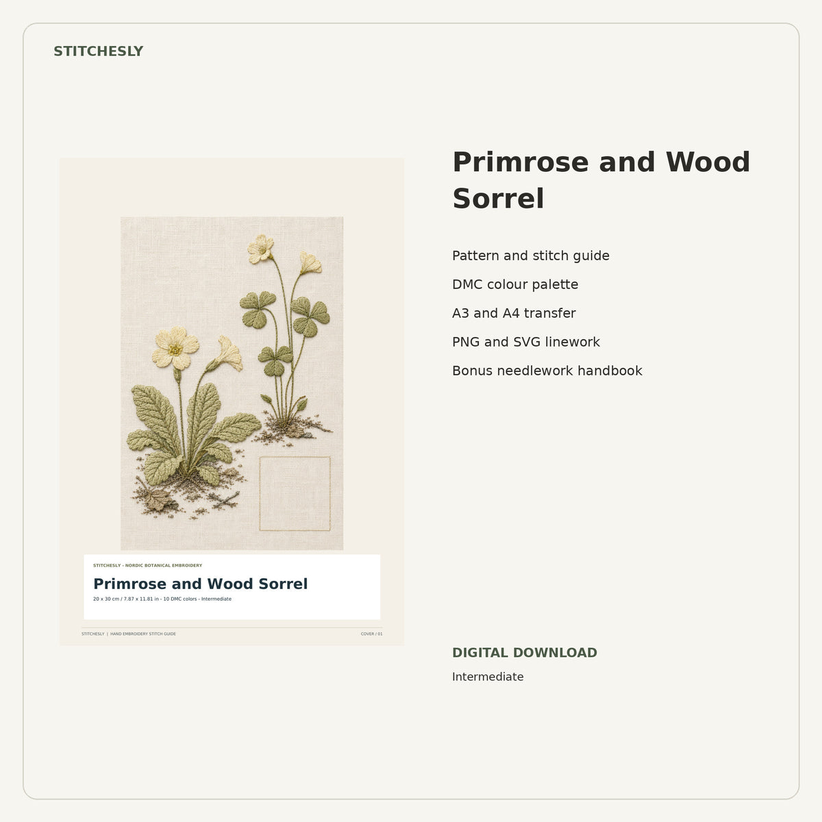 Primrose and Wood Sorrel PDF stitch guide cover, pattern files and bonus needlework handbook.