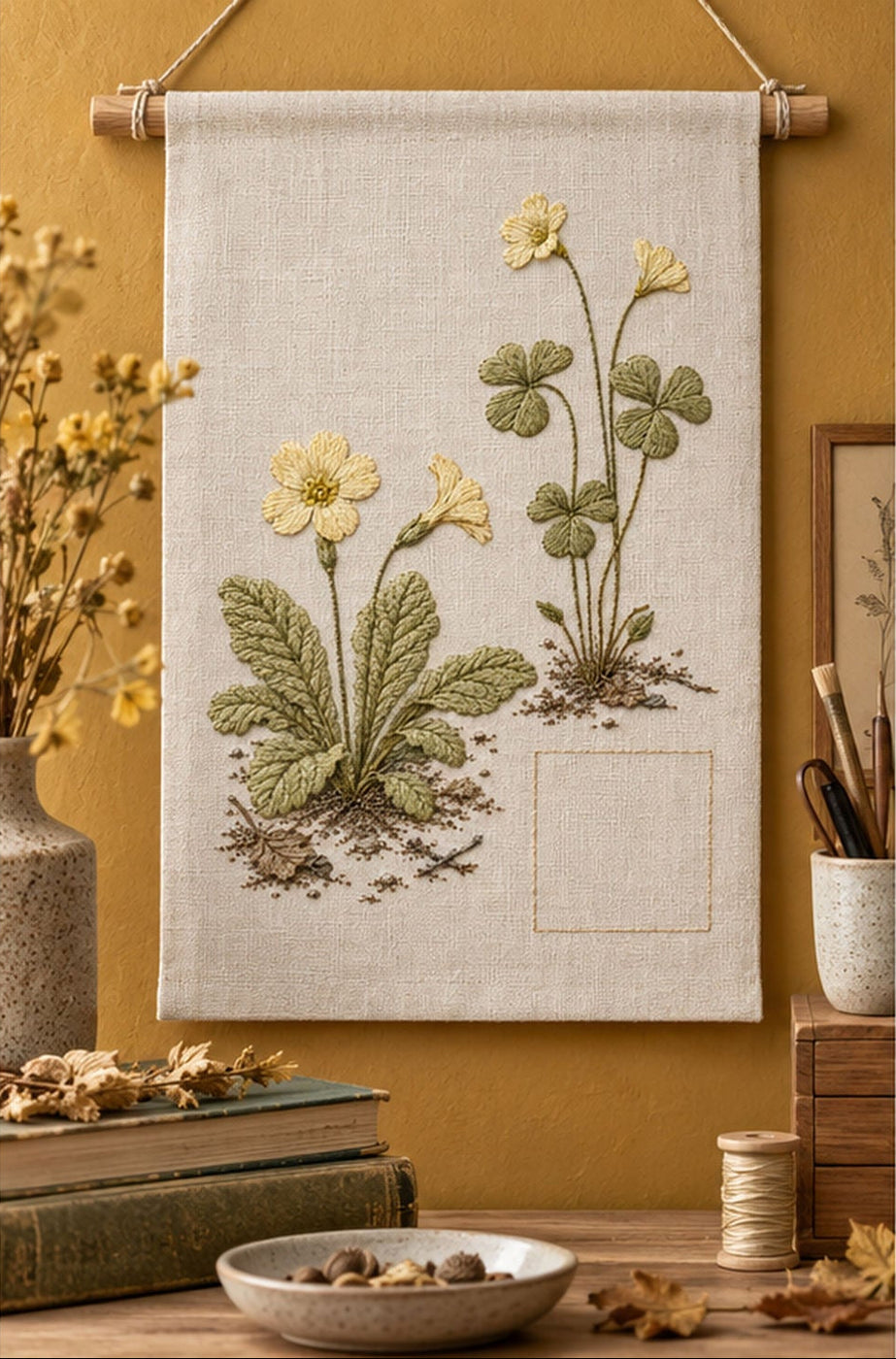 Framed linen panel mockup featuring the Primrose and Wood Sorrel hand embroidery design. Pale primrose flowers and wood sorrel share a woodland ground around a clear square.
