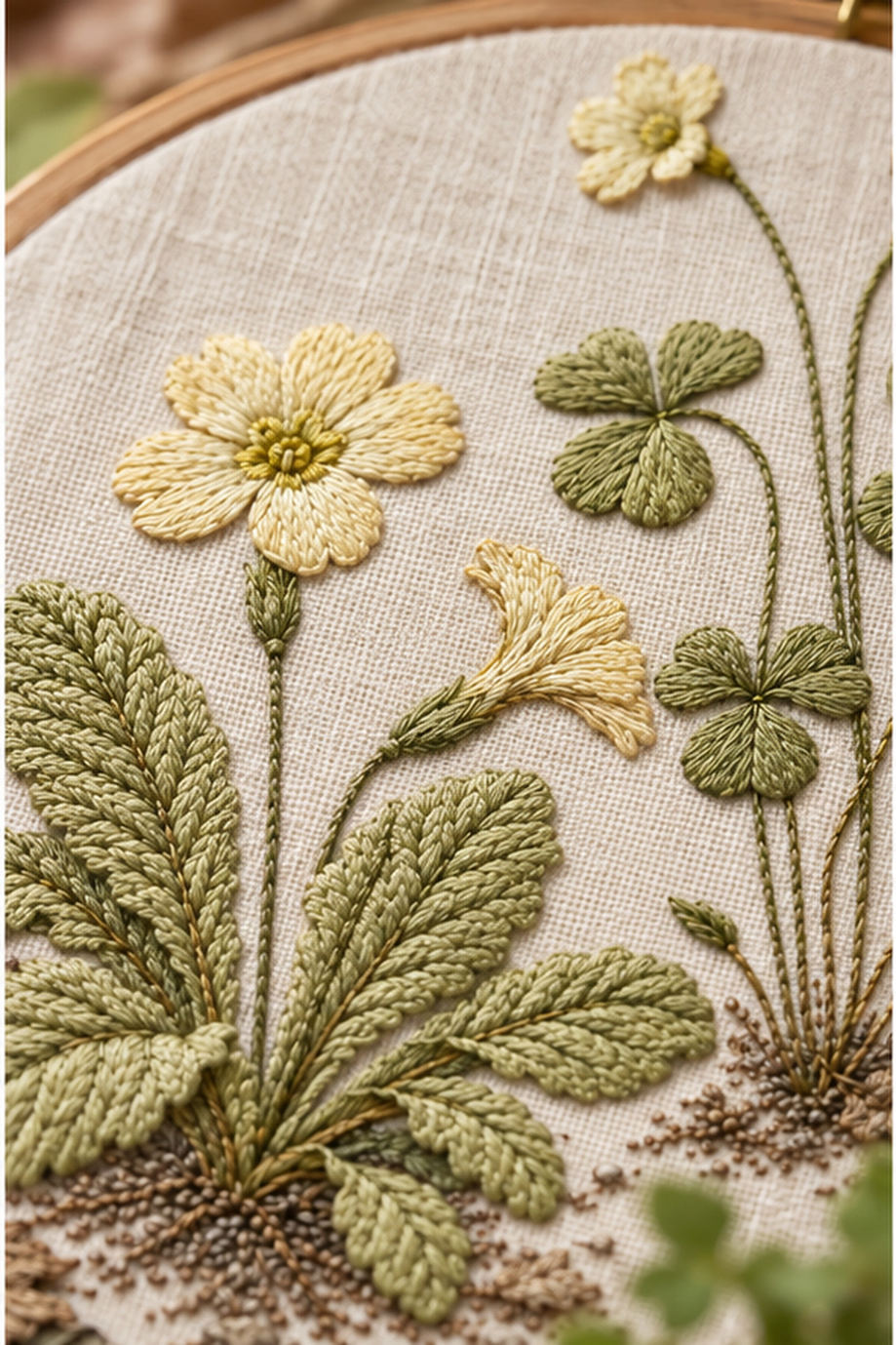 Close view of yellow flowers mockup featuring the Primrose and Wood Sorrel hand embroidery design. Pale primrose flowers and wood sorrel share a woodland ground around a clear square.