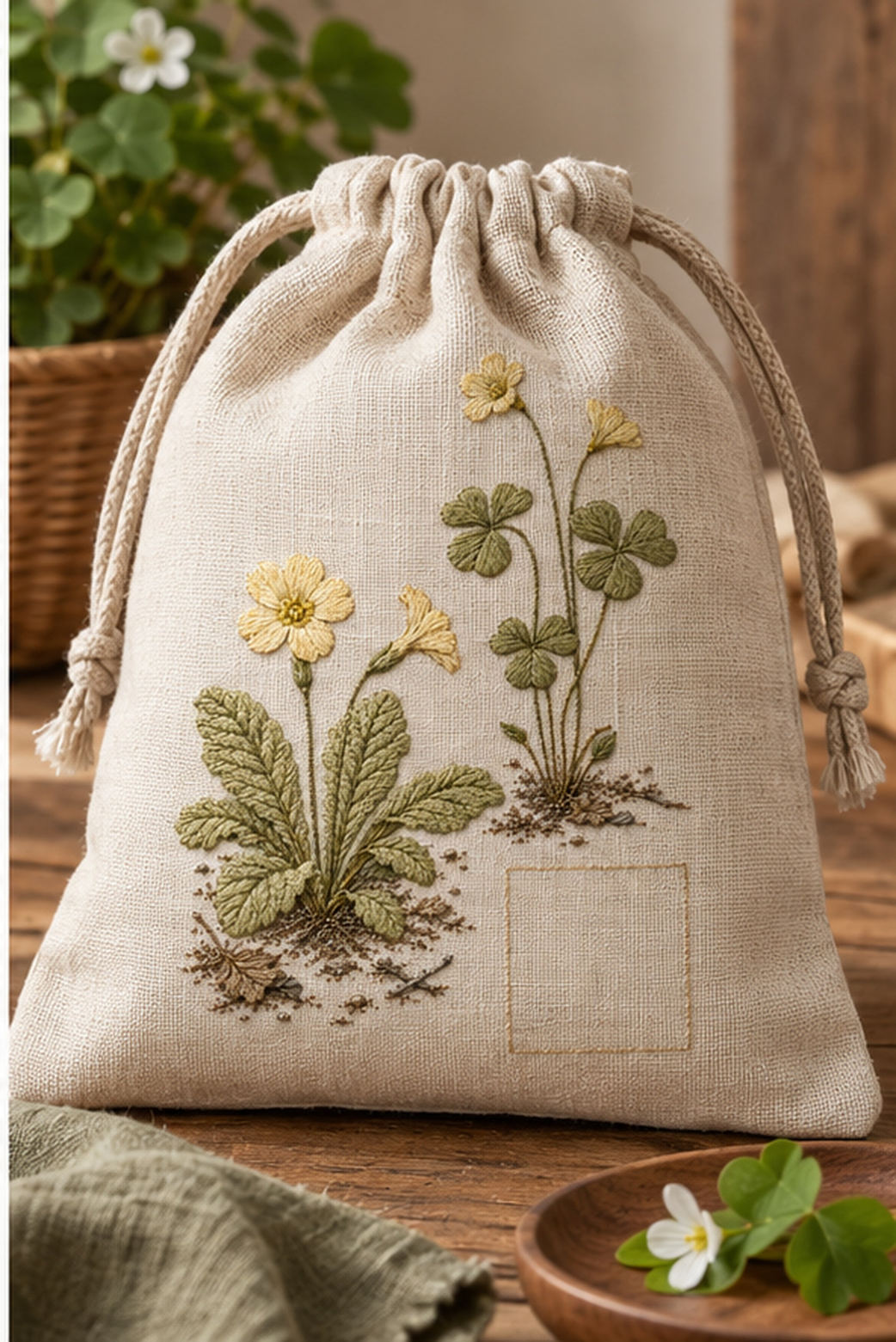 Linen drawstring bag mockup featuring the Primrose and Wood Sorrel hand embroidery design. Pale primrose flowers and wood sorrel share a woodland ground around a clear square.