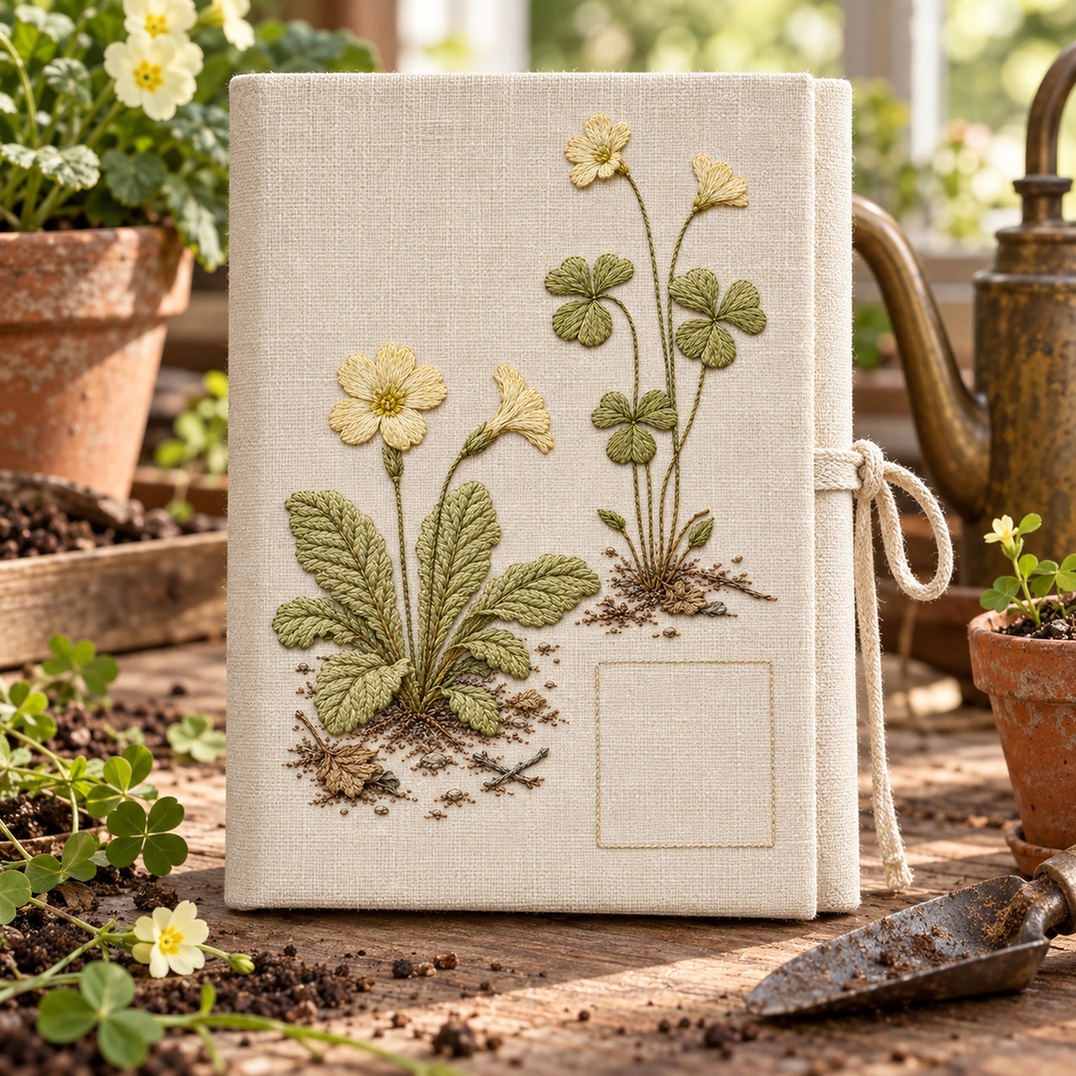 Framed botanical textile mockup featuring the Primrose and Wood Sorrel hand embroidery design. Pale primrose flowers and wood sorrel share a woodland ground around a clear square.