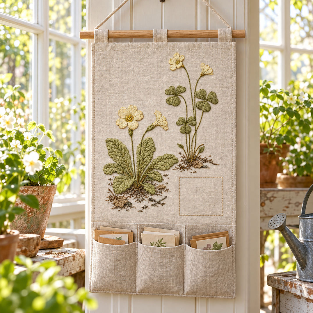 Hanging linen pocket mockup featuring the Primrose and Wood Sorrel hand embroidery design. Pale primrose flowers and wood sorrel share a woodland ground around a clear square.