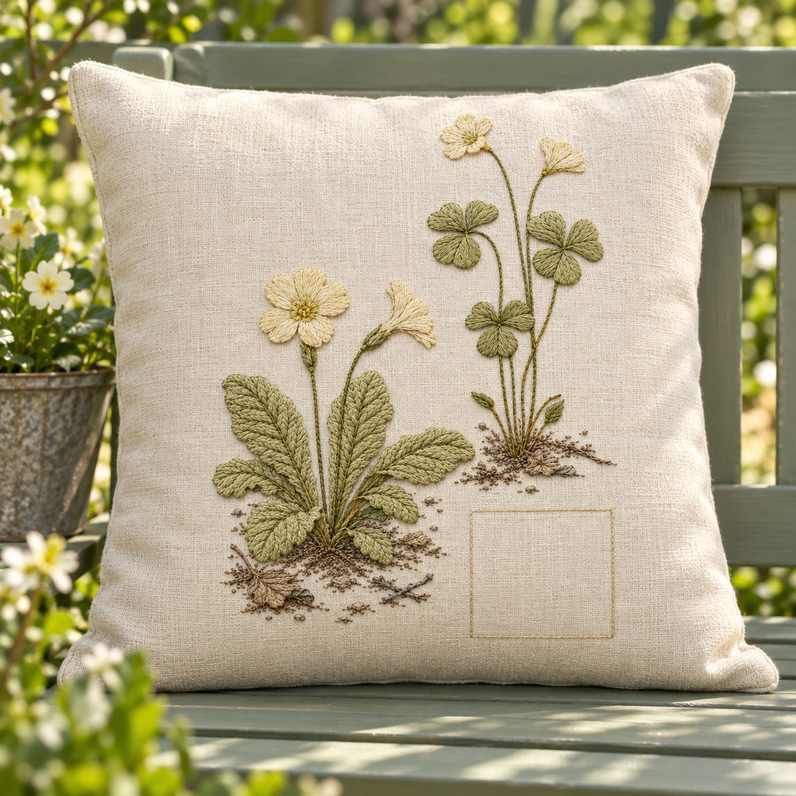 Linen cushion mockup featuring the Primrose and Wood Sorrel hand embroidery design. Pale primrose flowers and wood sorrel share a woodland ground around a clear square.