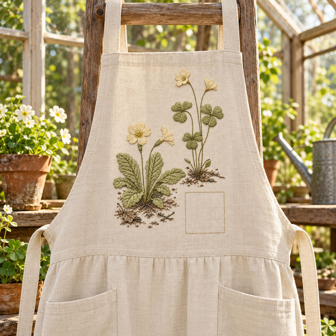 Linen apron mockup featuring the Primrose and Wood Sorrel hand embroidery design. Pale primrose flowers and wood sorrel share a woodland ground around a clear square.